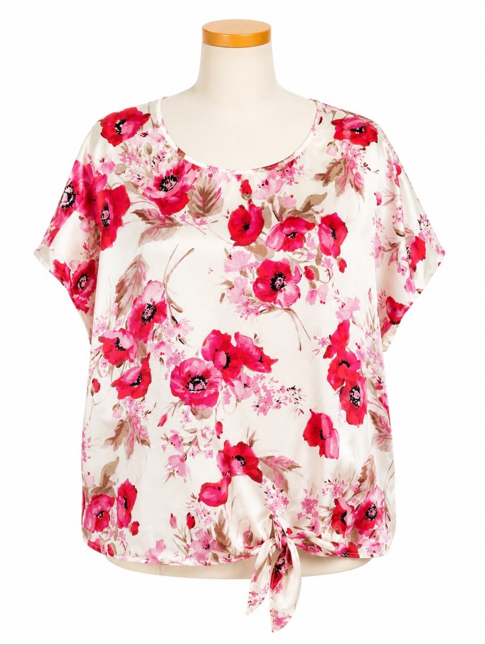 Talbots Top 2X Plus Size Red Floral Poppy Watercolor Tie Hem Short Sleeve Blouse